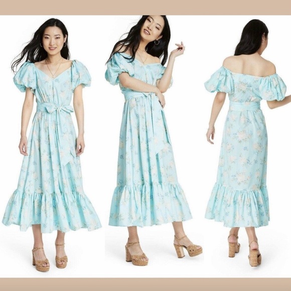 Loveshackfancy Estelle dress Off-Shoulder Blue Floral 6 Cotton - Picture 3 of 7